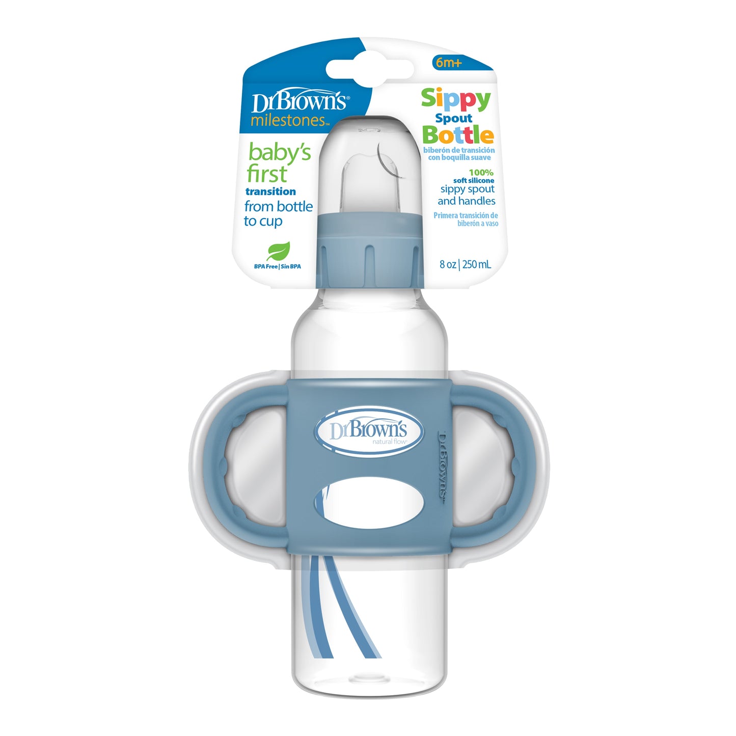 Dr. Brown’s Milestones™ Narrow Sippy Bottle with Silicone Handles, 8oz/250mL, 6m+ Blue