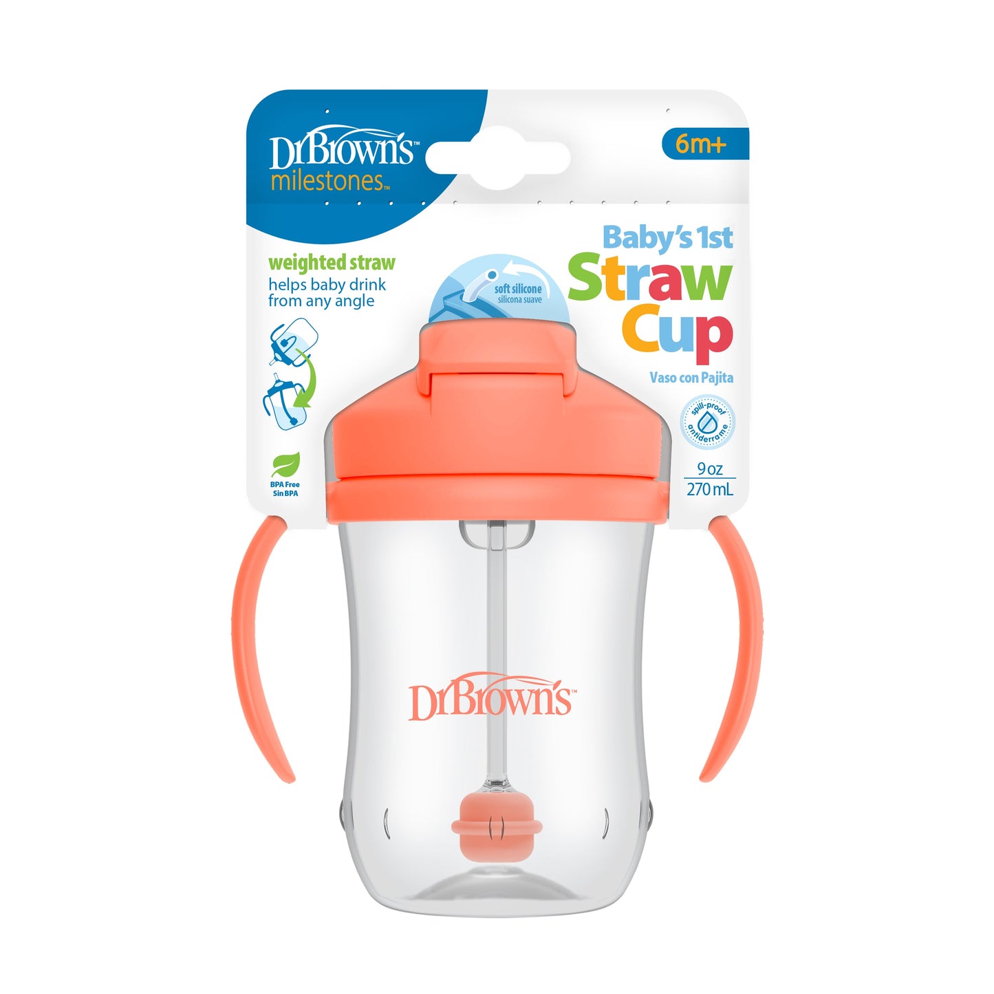 Dr Brown's 9oz/270ml Straw Cup - Coral