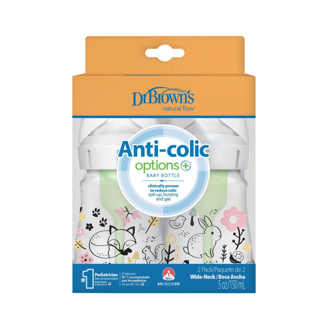 Dr Brown's Anti-Colic Options+ Wide-Neck Baby Bottle, 5oz/150ml, 2-Pack - Designs