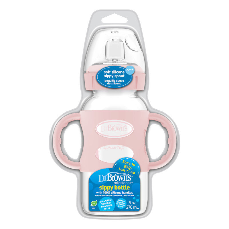 Dr Brown's Milestones 270 ml  Wide-Neck Sippy Bottle with Silicone Handles Light Pink