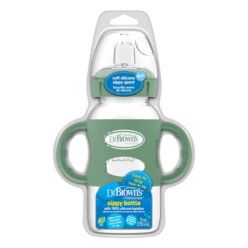 Dr Brown's Milestones 270 ml  Wide-Neck Sippy Bottle with Silicone Handles Khaki Green