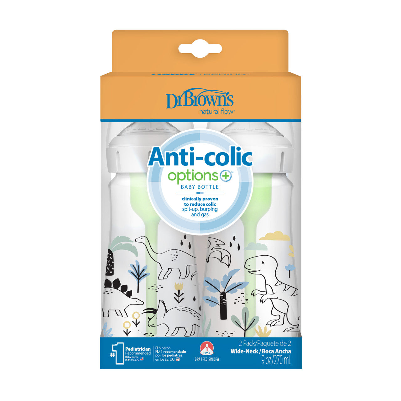 Dr Brown's Anti-Colic Options+ Wide-Neck Baby Bottle, 9oz/270ml, 2-Pack - Designs
