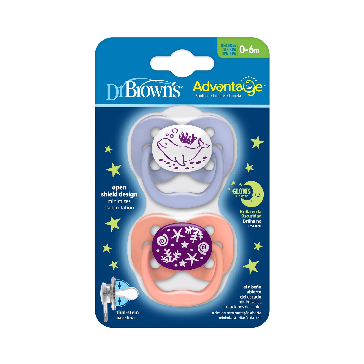 Dr Brown's Advantage Glow in the Dark Soothers 0-6 Month - Pink