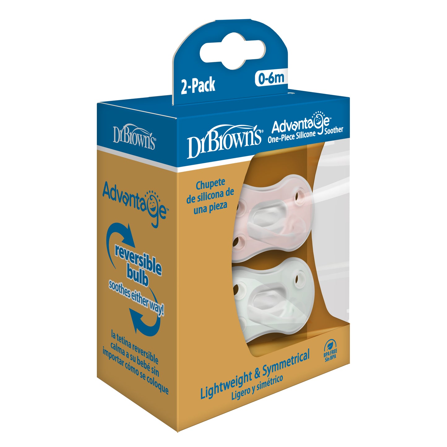 Advantage One-Piece Silicone Soother, Stage 1, Pink/Mint, 2-Pack