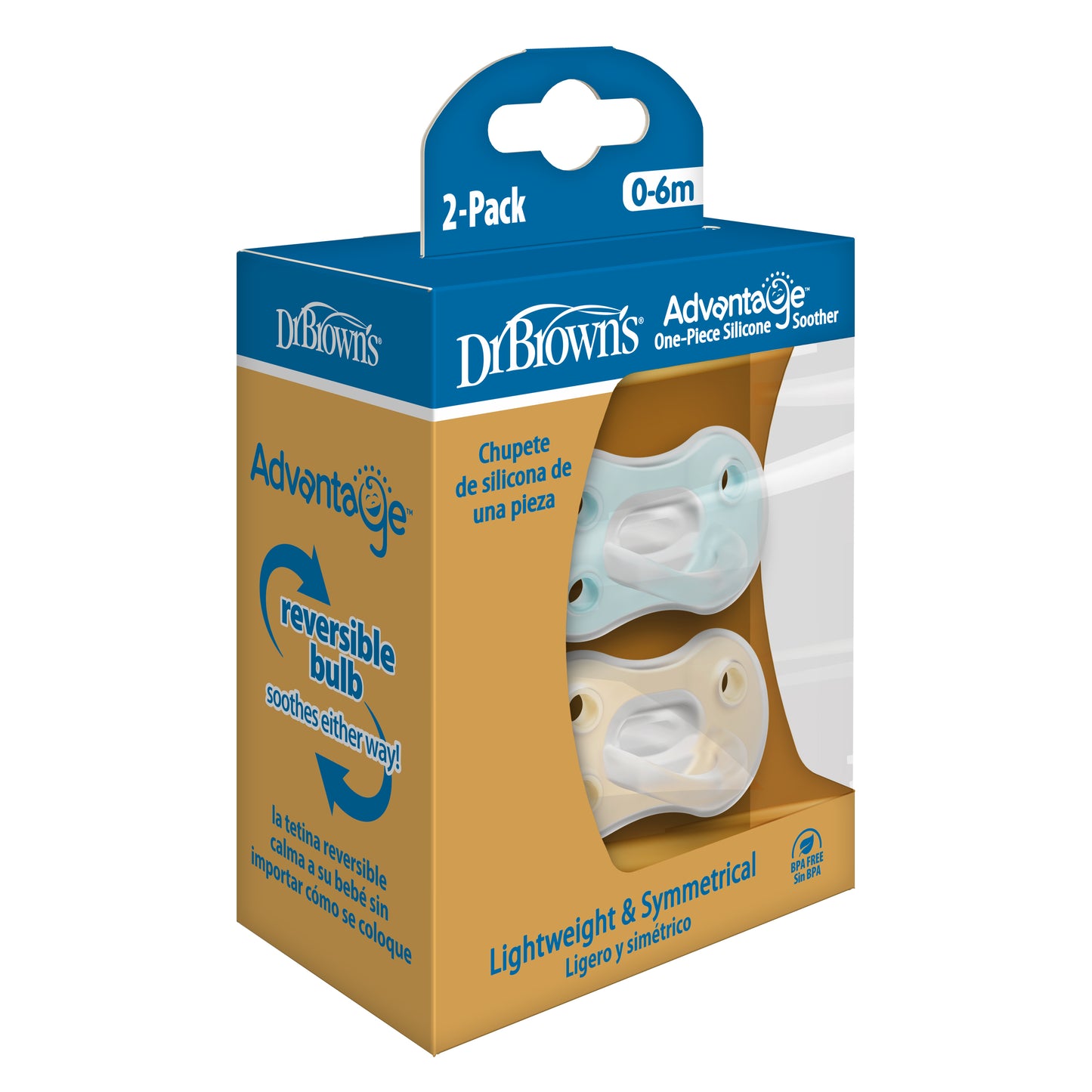Advantage One-Piece Silicone Soother, Stage 1, Blue/Cream, 2-Pack