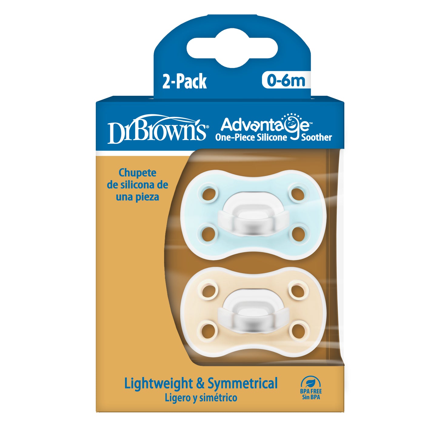 Advantage One-Piece Silicone Soother, Stage 1, Blue/Cream, 2-Pack