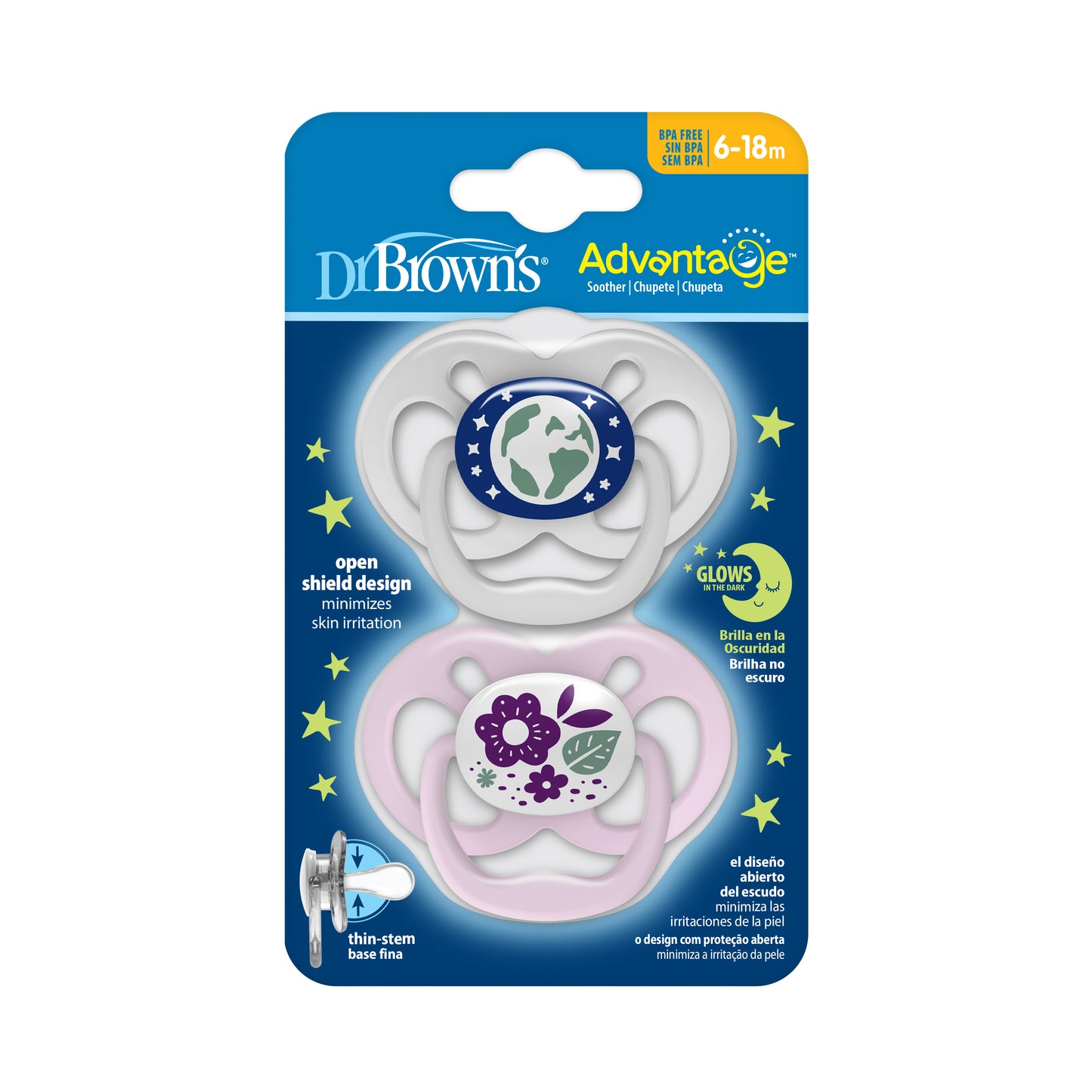 Dr Brown's Advantage Glow in the Dark Soother 6-18 Month - Pink