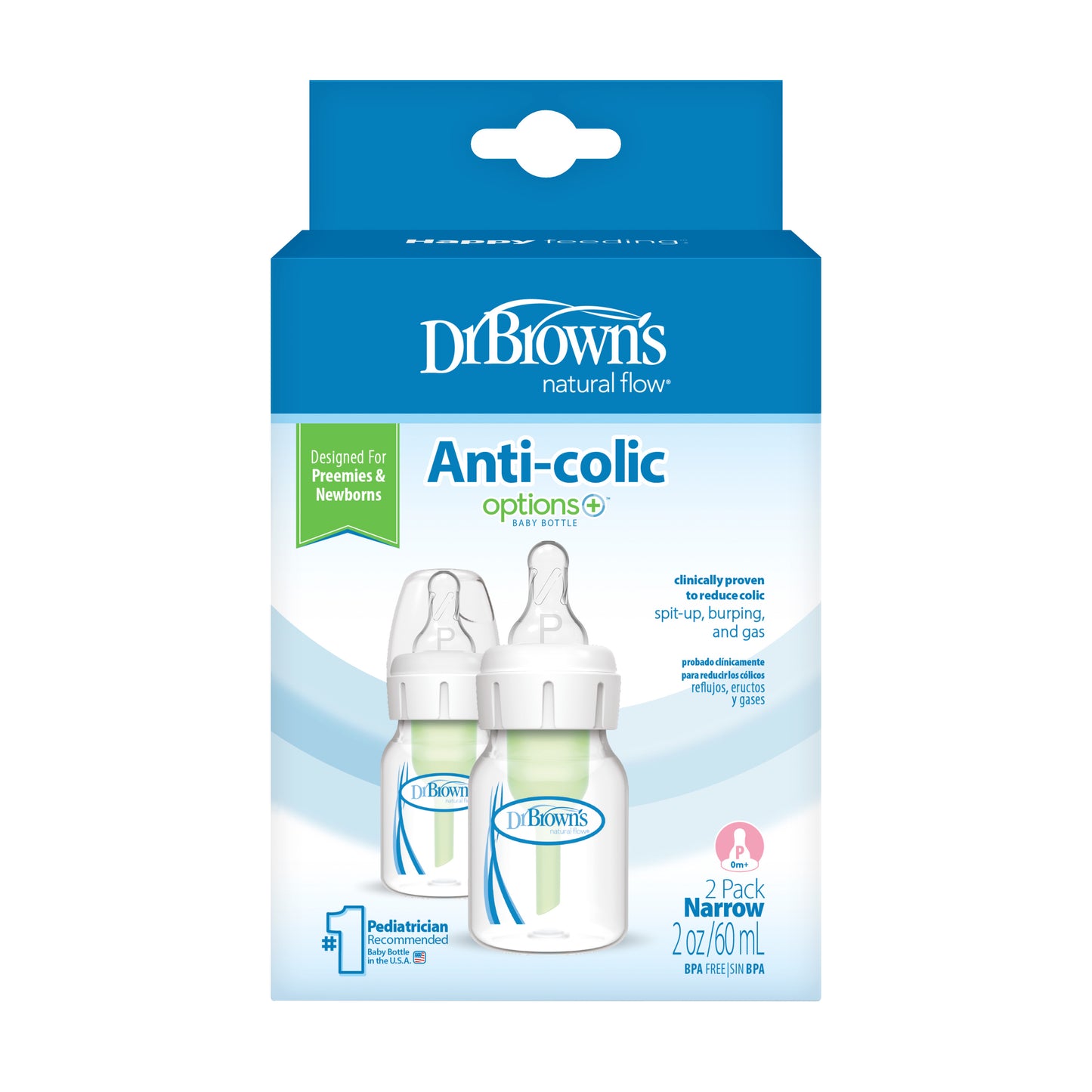 Dr. Brown’s Natural Flow® Anti-Colic Narrow Baby Bottle, 60ml with Preemie Flow™ Nipple