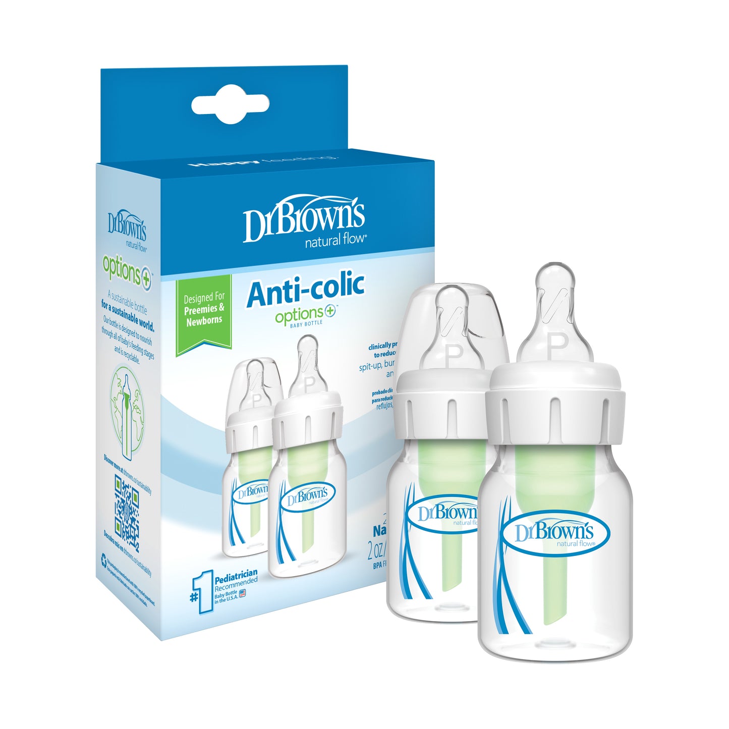 Dr. Brown’s Natural Flow® Anti-Colic Narrow Baby Bottle, 60ml with Preemie Flow™ Nipple