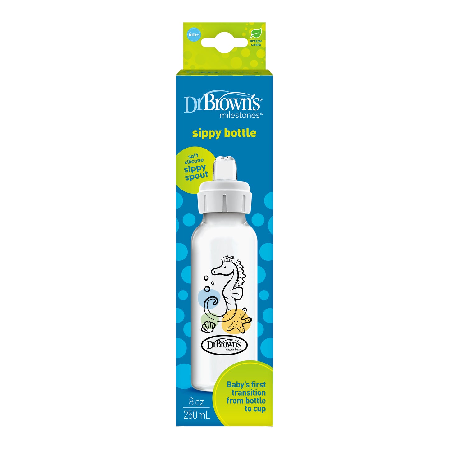Dr. Brown’s® Milestones™ Narrow Sippy Bottle, 100% Silicone Soft Sippy Spout, 8oz/250mL, 6m+ Sea Horse