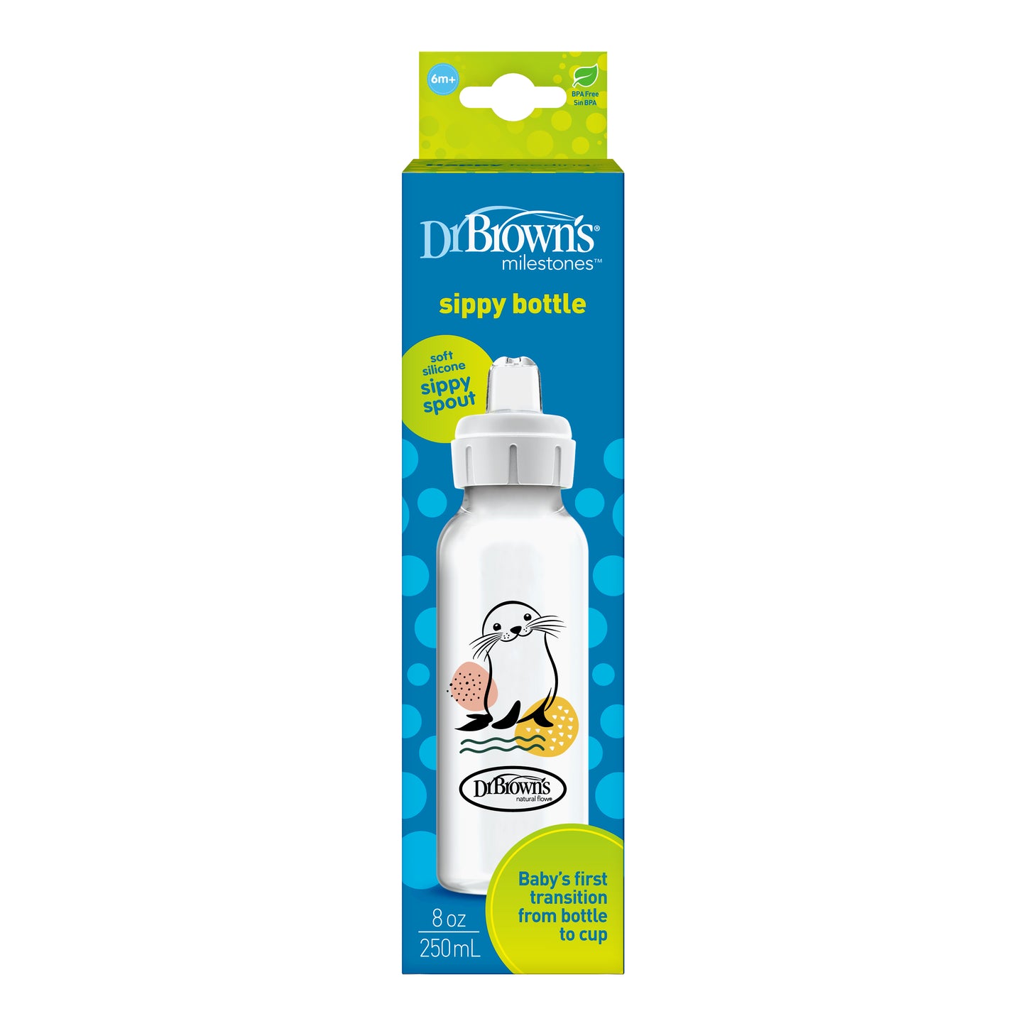Dr. Brown’s® Milestones™ Narrow Sippy Bottle, 100% Silicone Soft Sippy Spout, 8oz/250mL, 6m+ Sea Lion