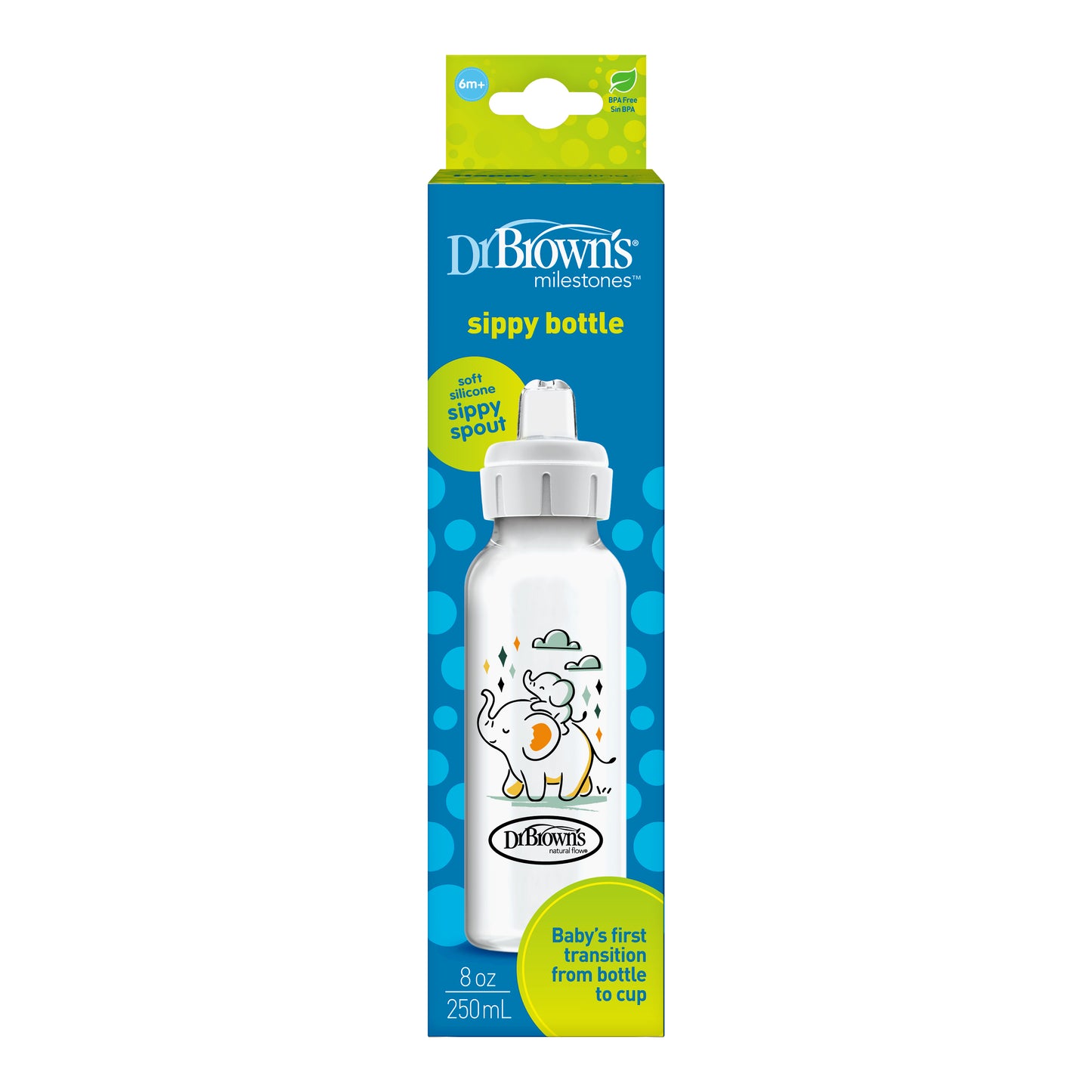 Dr. Brown’s® Milestones™ Narrow Sippy Bottle, 100% Silicone Soft Sippy Spout, 8oz/250mL, 6m+ Elephant