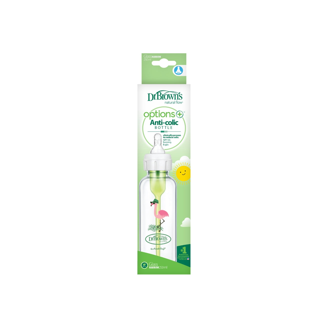Dr Brown's Options+ Narrow Neck 250ml Single Glass Bottle with Flamingo Design