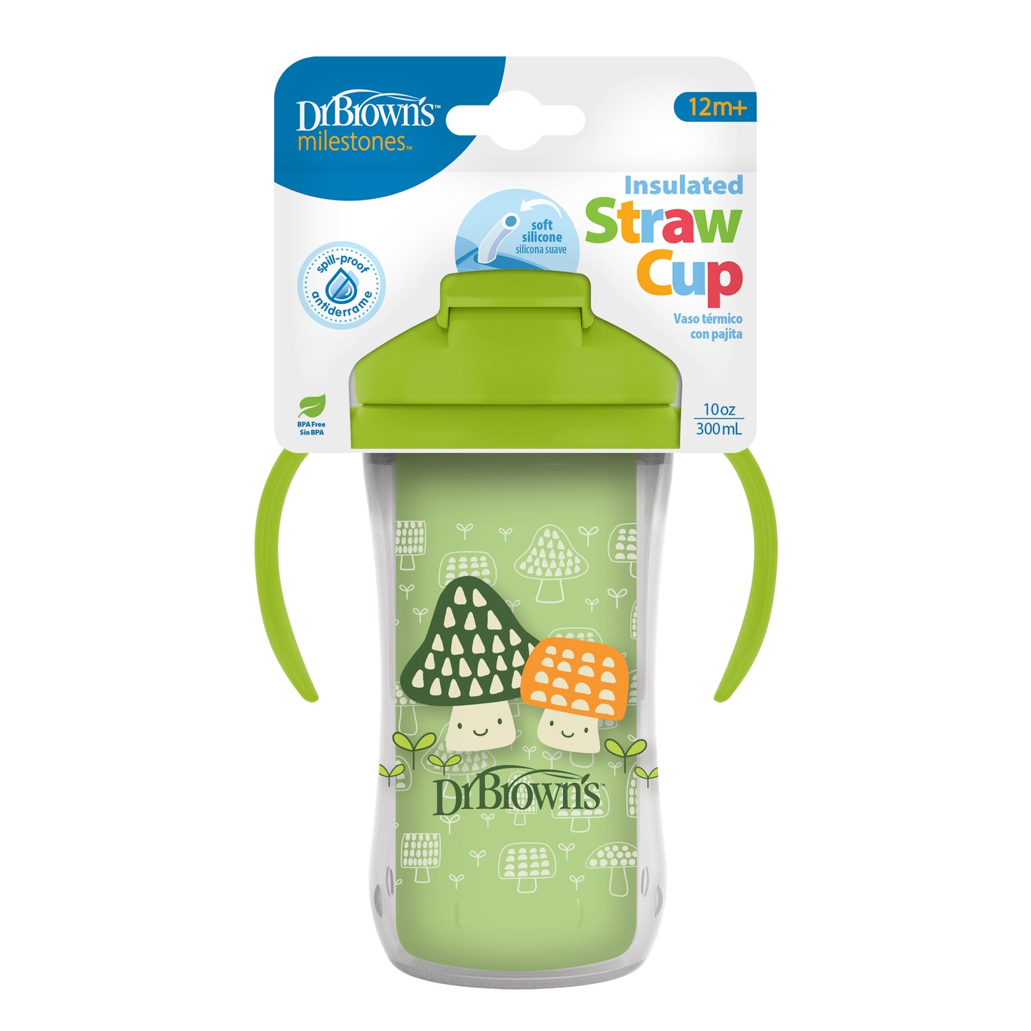 Insulated Straw Cup with Handles, Green Mushrooms  (1-Pack)