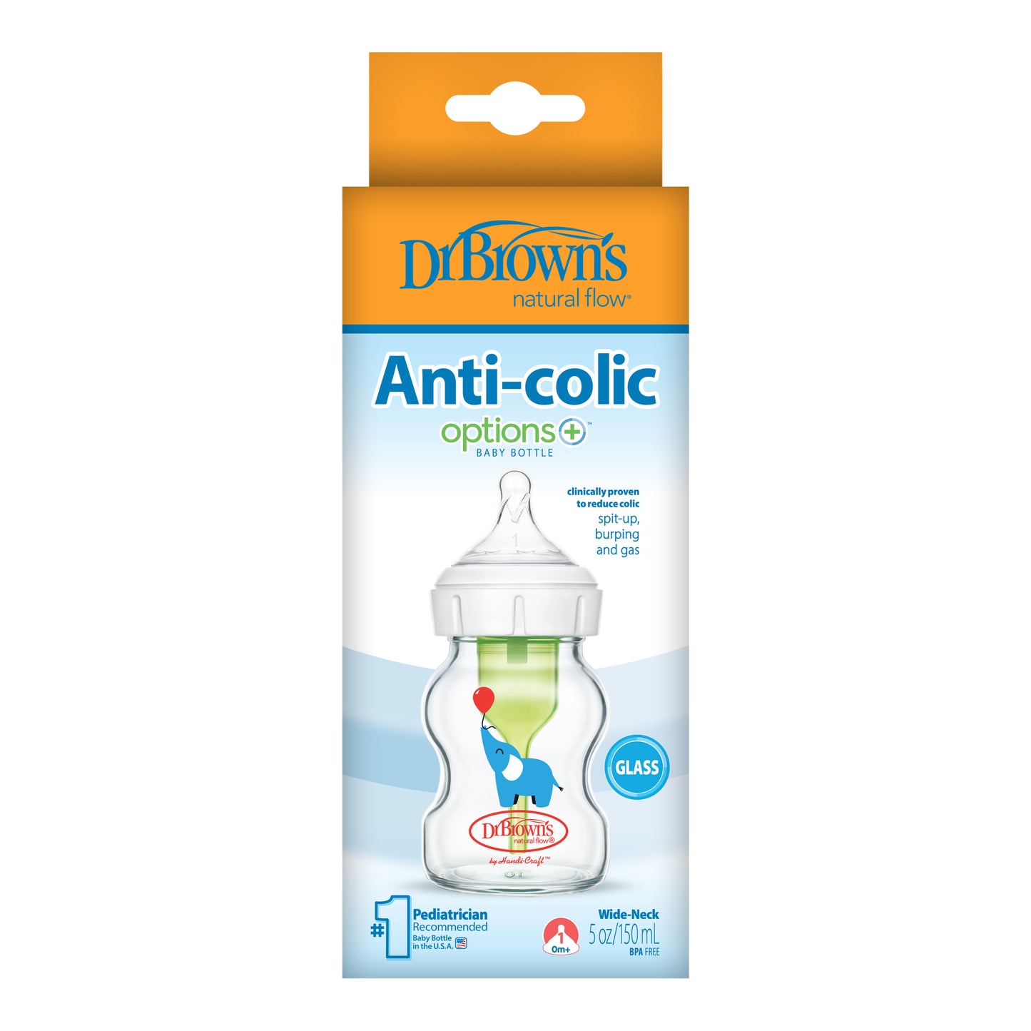 Dr. Brown’s Natural Flow® Anti-Colic Options+™ Wide-Neck Glass Baby Bottle - Elephant 150ml