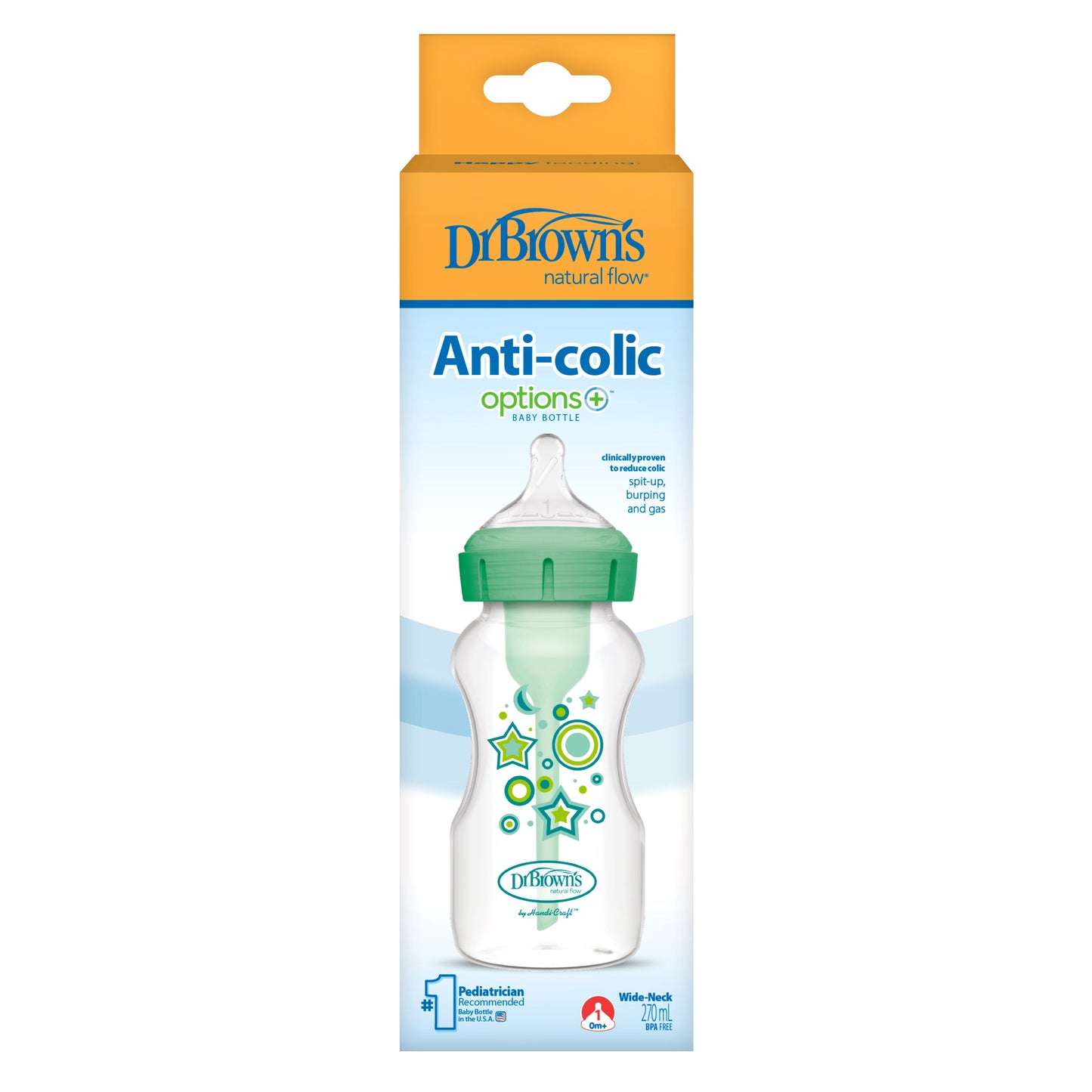 Dr. Brown's 270 mL Anti-Colic Options+ Baby Bottle, Green Stars, 1-Pack
