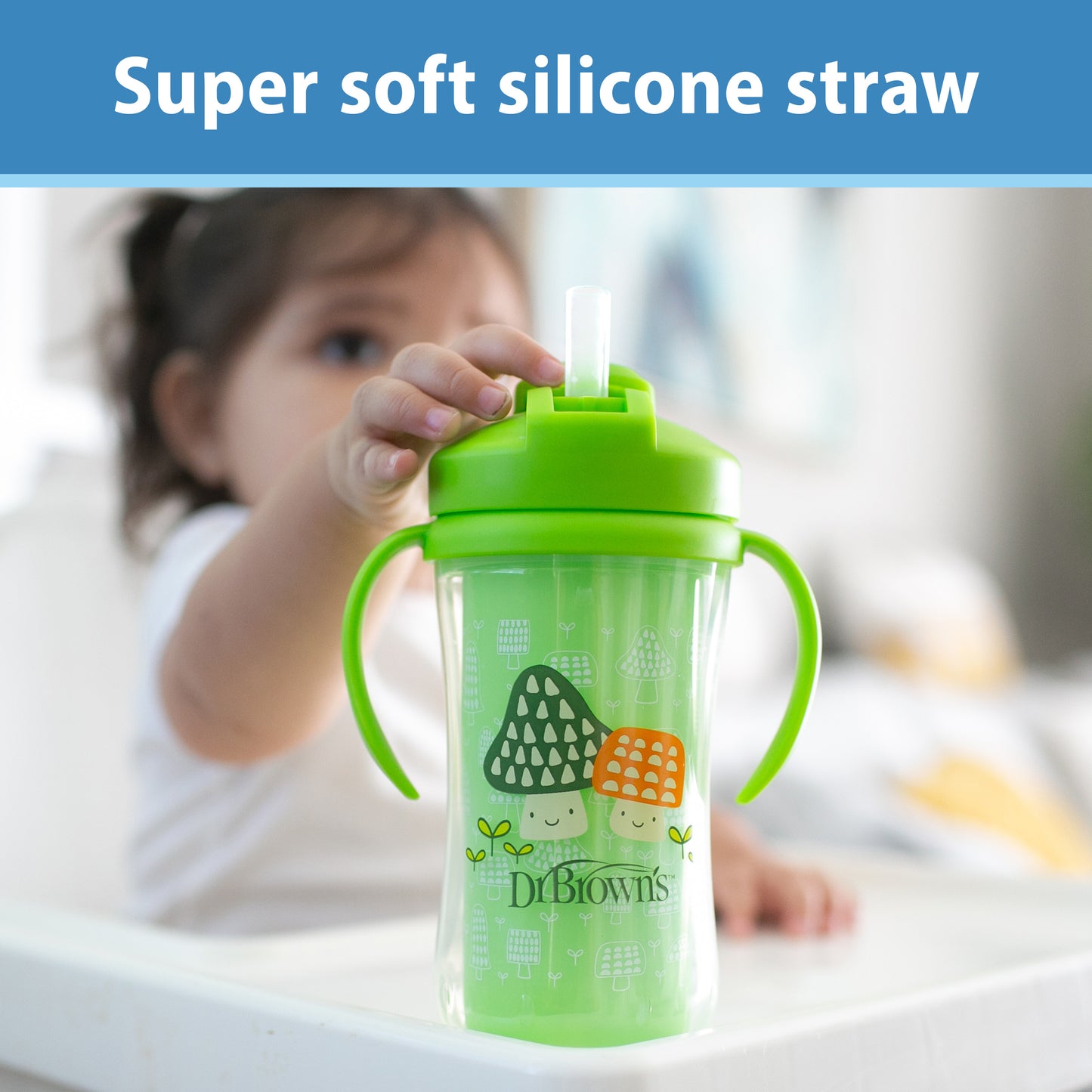 Insulated Straw Cup with Handles, Green Mushrooms  (1-Pack)