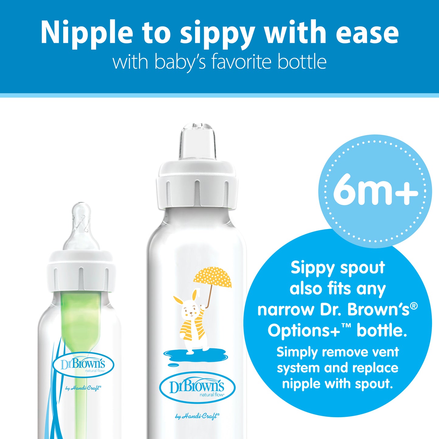 Dr. Brown’s® Milestones™ Narrow Sippy Bottle, 100% Silicone Soft Sippy Spout, 8oz/250mL, 6m+ Elephant